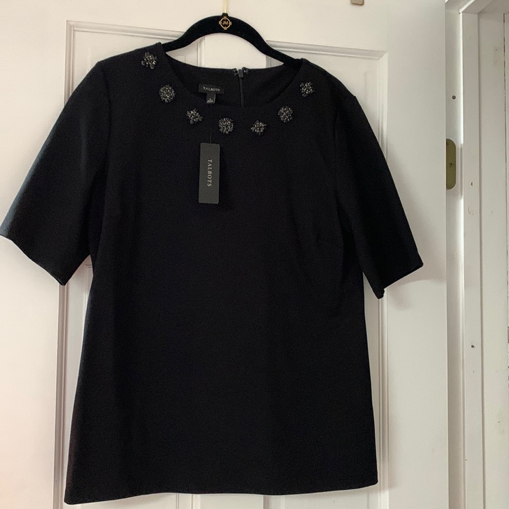 NWT.  Talbots black top with black crystal decoration across neckline. Size L